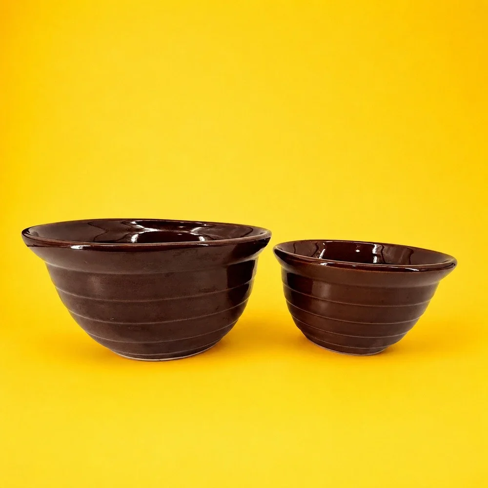 Monmouth Pottery Beehive Mixing Bowls Stoneware Set 2 USA Maple Leaf Brown